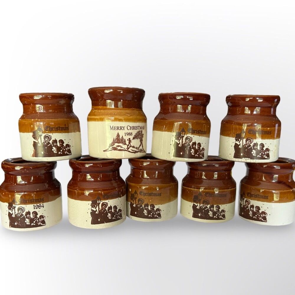 Vintage Brown & White Dipped Christmas Mini Stoneware Crock, 10pc, Farmhouse